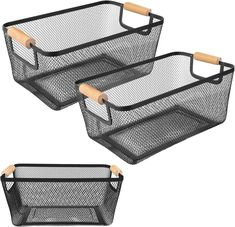 Set of 3 Metal Storage Mesh Baskets with Wood Handle