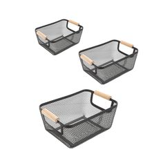 Set of 3 Metal Storage Mesh Baskets with Wood Handle