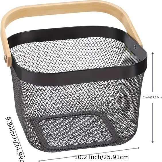 Mesh Steel Fruit Basket with Wooden Handle