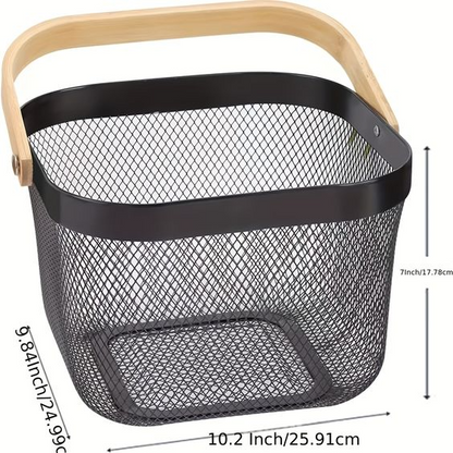 Mesh Steel Fruit Basket with Wooden Handle