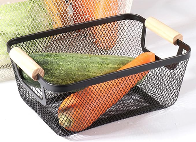 Set of 3 Metal Storage Mesh Baskets with Wood Handle