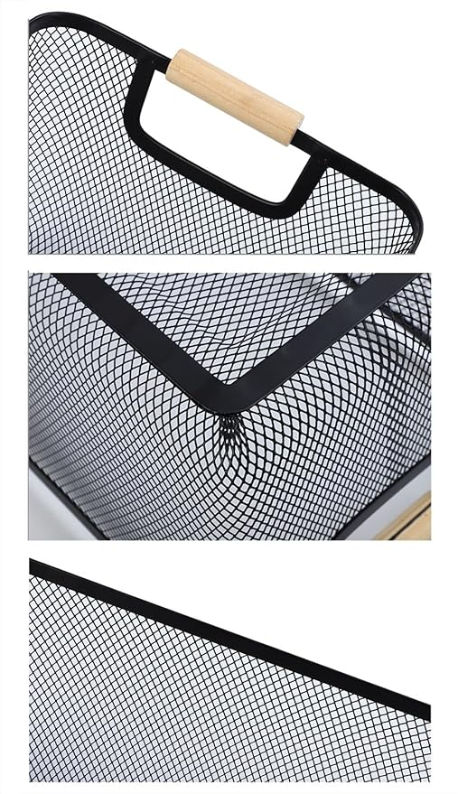 Set of 3 Metal Storage Mesh Baskets with Wood Handle