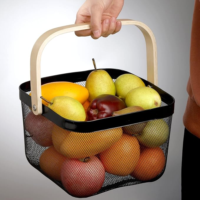 Msh metal fruit basket with wooden handle 