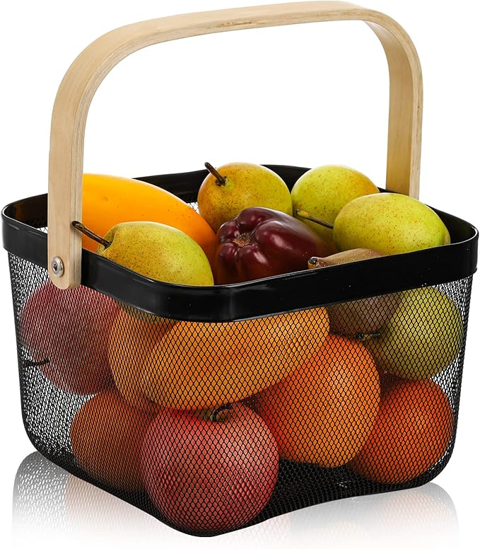 Mesh Steel Fruit Basket with Wooden Handle