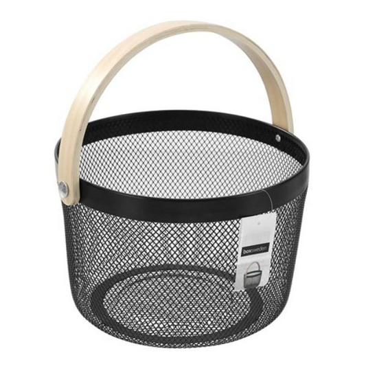 circular metal mesh basket with wooden handle