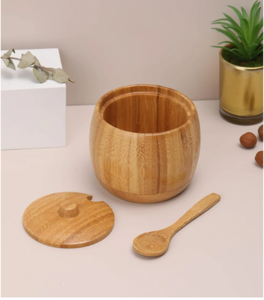 Wooden sugar pot with spoon and lid 